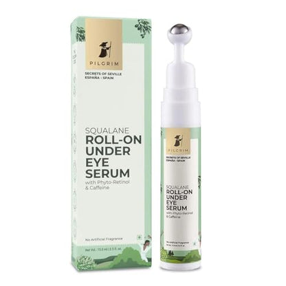 Pilgrim Squalane (Plant) Roll-on under eye cream for dark circles for women & men with phyto-retinol & caffeine | Under eye cream for wrinkles & puffy eyes | Dark circle remover for men & women| Massage Roller to Reduce Dark Circles, Puffiness and Fine Li eye serum from Pilgrim