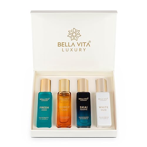 Bella Vita Luxury Unisex Eau De Parfum Gift Set 4 x 20ml for Men & Women with SKAI, FRESH, WHITEOUD, HONEY OUD Perfume|Long Lasting EDP Fragrance Scent perfume from Bella Vita Luxury