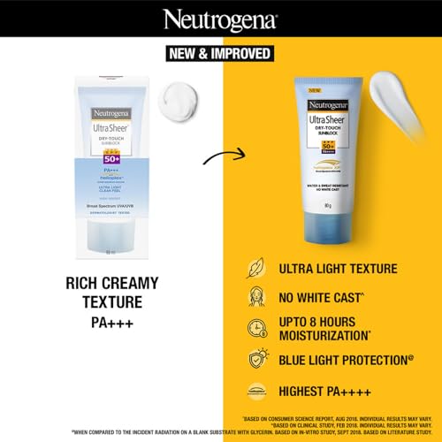 Neutrogena Ultra Sheer Sunscreen SPF 50+ | Broad Spectrum UVA/UVB | Blue light protect | No White Cast | Water resistant, Ultra light & Non sticky | Oily, Dry & Sensitive Skin | 80 g (Pack of 1)  from Neutrogena