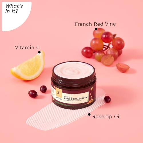 PILGRIM French Red Vine Face Cream with SPF 30 Sunscreen, Rosehip Oil & Vit C For Anti Ageing, Sun Protection PA+++, Daily Use, Dry, Oily, Combination Skin, Men & Women, 50g Face Cream from Pilgrim