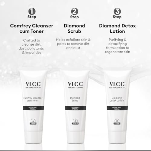 VLCC Diamond Facial Kit - 60g | Skin purifying with Parlour Glow | Improves Skin Elasticity, Brightens and Lightens Patchy Damaged Skin | With Colloidal Diamond, Jojoba Oil, Olive Oil & Aloe Vera.  from VLCC