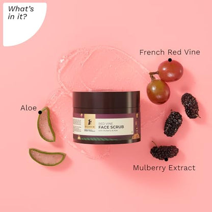 PILGRIM French Red Vine Face Scrub with Mulberry Extract & Aloe for Glowing Skin, Tan Removal, De-Pigmentation, Dry, Oily, Combination Skin, Men & Women, 50gm Face Scrub from Pilgrim