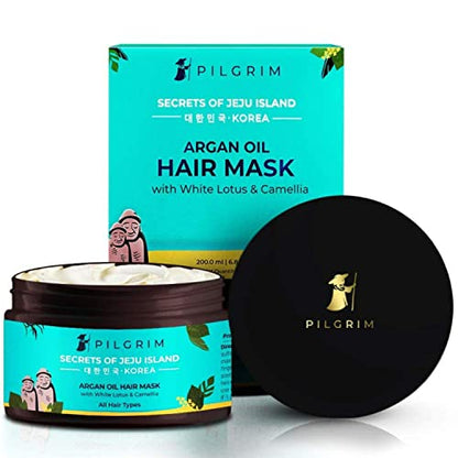 PILGRIM Korean Argan Oil Hair Mask for dry & frizzy hair with White Lotus and Camellia | Hair Mask for smoothening hair, deep conditioning and hair fall control | For Men & Women | 200ml hair mask from Pilgrim