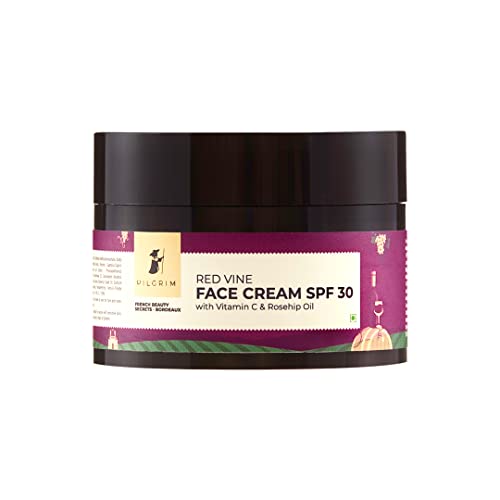 PILGRIM French Red Vine Face Cream with SPF 30 Sunscreen, Rosehip Oil & Vit C For Anti Ageing, Sun Protection PA+++, Daily Use, Dry, Oily, Combination Skin, Men & Women, 50g Face Cream from Pilgrim