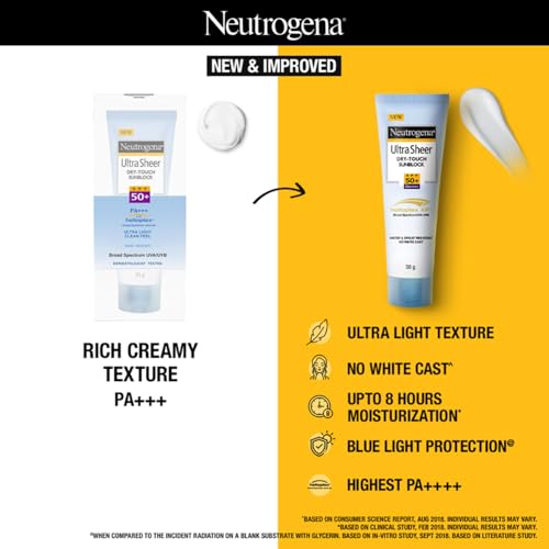 Neutrogena Ultra Sheer Sunscreen SPF 50+ | Broad Spectrum UVA/UVB | Blue light protect | No White Cast | Water resistant, Ultra light & Non sticky | Oily, Dry & Sensitive Skin | 30 g (Pack of 1)  from Neutrogena