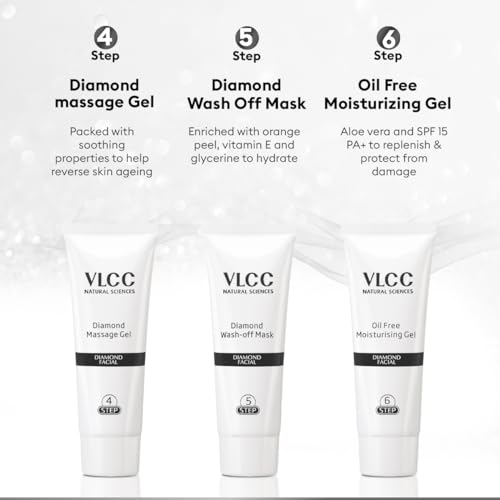 VLCC Diamond Facial Kit - 60g | Skin purifying with Parlour Glow | Improves Skin Elasticity, Brightens and Lightens Patchy Damaged Skin | With Colloidal Diamond, Jojoba Oil, Olive Oil & Aloe Vera.  from VLCC