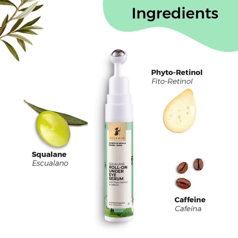 Pilgrim Squalane (Plant) Roll-on under eye cream for dark circles for women & men with phyto-retinol & caffeine | Under eye cream for wrinkles & puffy eyes | Dark circle remover for men & women| Massage Roller to Reduce Dark Circles, Puffiness and Fine Li eye serum from Pilgrim