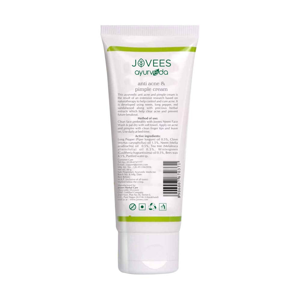 Jovees Ayurveda Neem & Long Pepper Anti Acne and Pimple Cream, 60 gms | Oily, Sensitive & Acne Prone Skin | Paraben & Alcohol Free | Helps Clear Acne & Prevents Future Breakout  from JOVEES