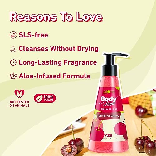 Plum BodyLovin' Drivin' Me Cherry Shower Gel | SLS-Free Body Wash For Women | Long Lasting Sweet Cherry Fragrance | Aloe-Infused Nourishing Body Cleanser For Soft & Smooth Skin (240 ml)  from Plum