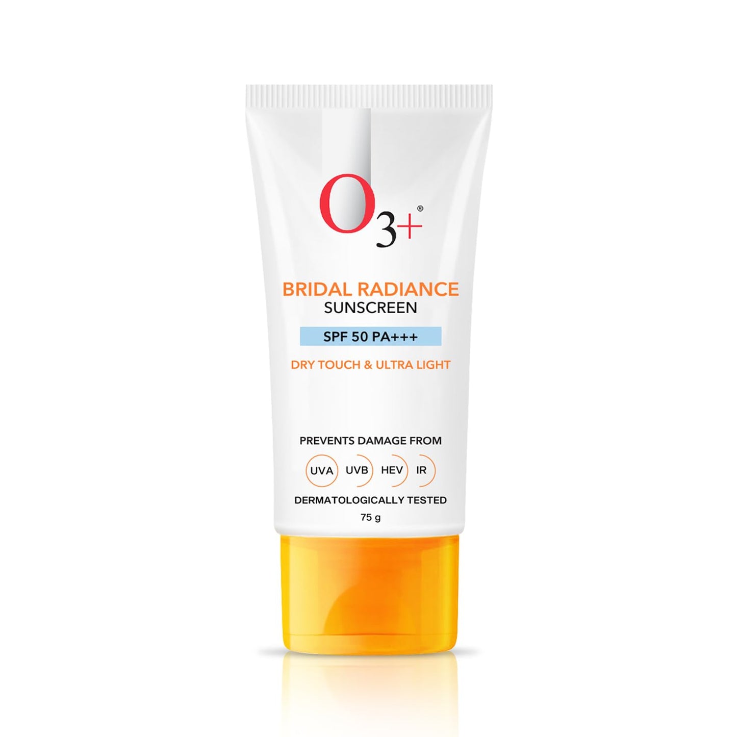 O3+ Bridal Radiance Sunscreen SPF 50 PA +++ Dry Touch & Ultra Light Non-greasy and leaves no white cast Prevents Damage From UVA | UVB | HEV | IR | Dermatologist Tested | 75g sunscreen from O3+