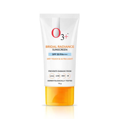 O3+ Bridal Radiance Sunscreen SPF 50 PA +++ Dry Touch & Ultra Light Non-greasy and leaves no white cast Prevents Damage From UVA | UVB | HEV | IR | Dermatologist Tested | 75g sunscreen from O3+