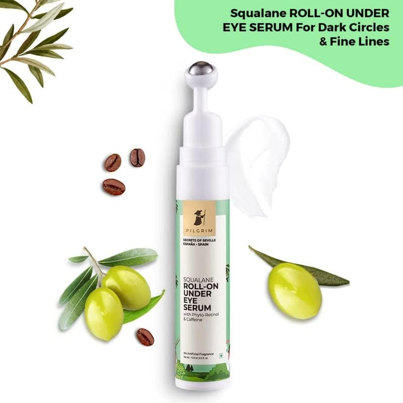 Pilgrim Squalane (Plant) Roll-on under eye cream for dark circles for women & men with phyto-retinol & caffeine | Under eye cream for wrinkles & puffy eyes | Dark circle remover for men & women| Massage Roller to Reduce Dark Circles, Puffiness and Fine Li eye serum from Pilgrim