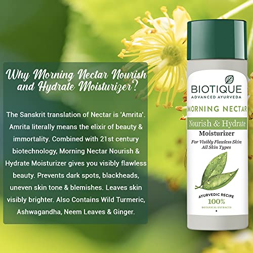 Biotique Morning Nectar Flawless Skin Moisturizer l Prevents Dark spots, Blackheads and Blemishes l Visibly Flawless Skin l Nourishes and Hydrates Skin l All Skin Types l 190ml Moisturizer from Biotique