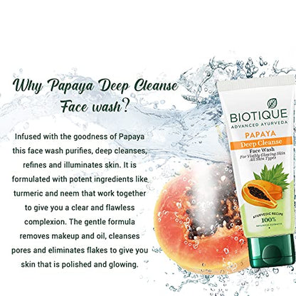 Biotique Papaya Deep Cleanse Face Wash | Gentle Exfoliation | Visibly Glowing Skin | 100% Botanical Extracts| Suitable for All Skin Types | 100ml face Wash from Biotique