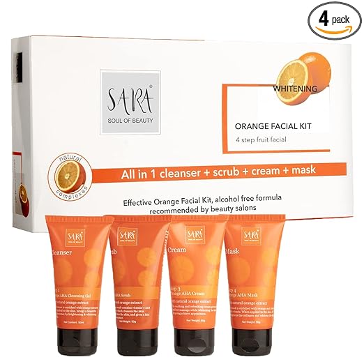 Sara 4-Step Fruit  Orange Facial Kit Perfect Glow Booster & Prevent Acne | All In 1- Cleanser, Scrub, Cream And Mask | All Skin Types | Perfect For Men & Women cleanser from SARA BEAUTY