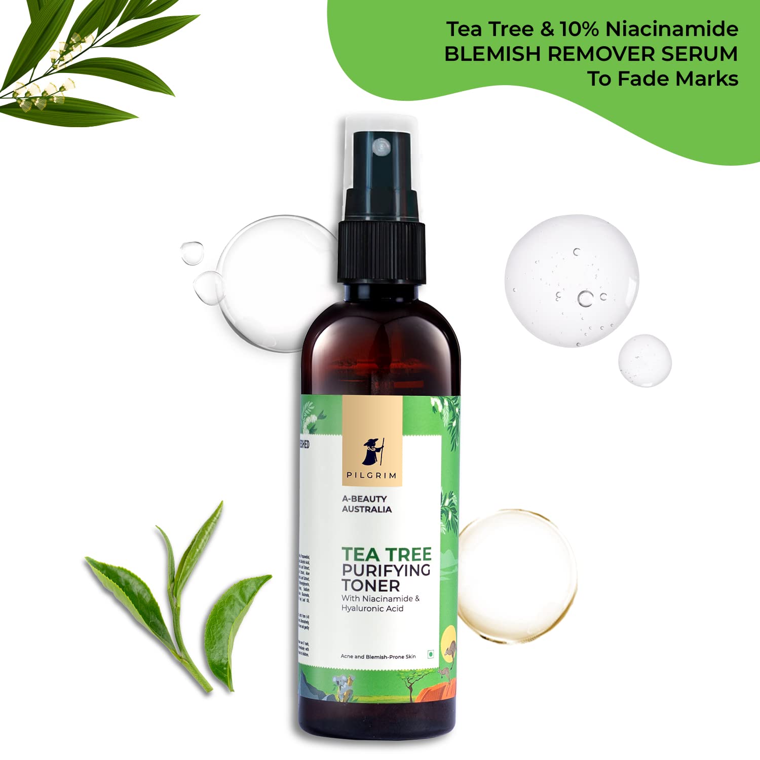 Pilgrim Tea Tree & 2% Niacinamide face toner for oily skin, acne & blemish prone skin | Toner for open pores tightening, pore cleansing & glowing skin | Women & Men | 100 ml toner from Pilgrim