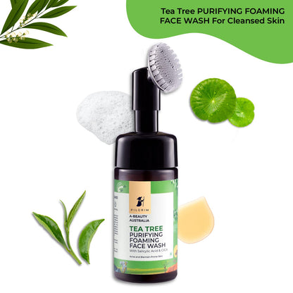 PILGRIM Australian Tea Tree & 1%Salicylic acid Foaming Face wash with brush|Tea Tree face wash with 1%salicylic acid & CICA for oily skin,acne and pimples|Oily skin cleanser for face|Women & Men|120ml face Wash from Pilgrim