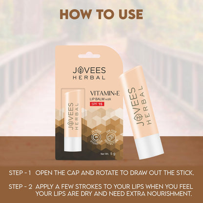 Jovees Herbal Vitamin E Lip Balm with SPF 15 | 24 Hour Hydration | Rejuvenates Dry and Chapped Lips | Gives Soft and Supple Lips 5g  from JOVEES