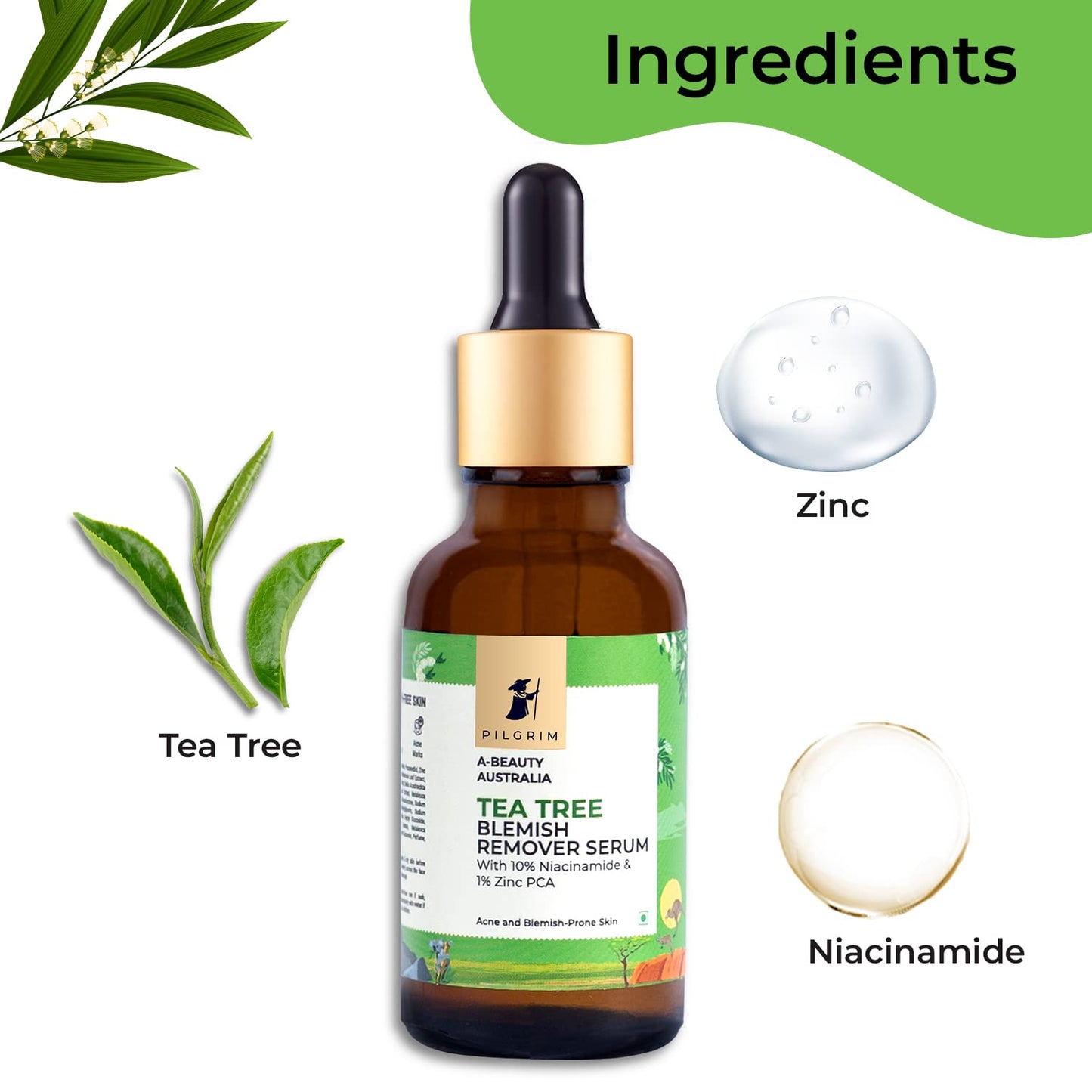 Pilgrim Tea Tree & 10% Niacinamide blemish-remover serum with Zinc PCA for acne prone skin | Niacinamide serum for acne| Acne scar reducing 10% Niacinamide serum for face | Women & Men | 30 ml Face serum from pilgrim