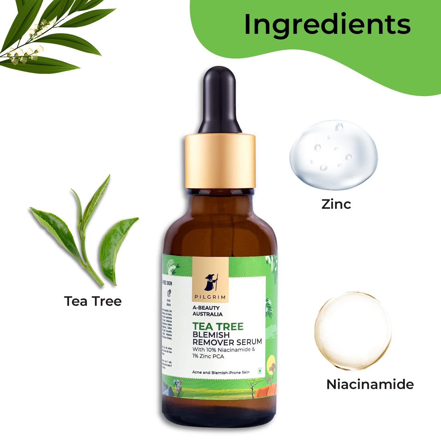 Pilgrim Tea Tree & 10% Niacinamide blemish-remover serum with Zinc PCA for acne prone skin | Niacinamide serum for acne| Acne scar reducing 10% Niacinamide serum for face | Women & Men | 30 ml Face serum from pilgrim