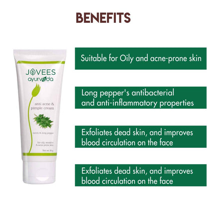 Jovees Ayurveda Neem & Long Pepper Anti Acne and Pimple Cream, 60 gms | Oily, Sensitive & Acne Prone Skin | Paraben & Alcohol Free | Helps Clear Acne & Prevents Future Breakout  from JOVEES