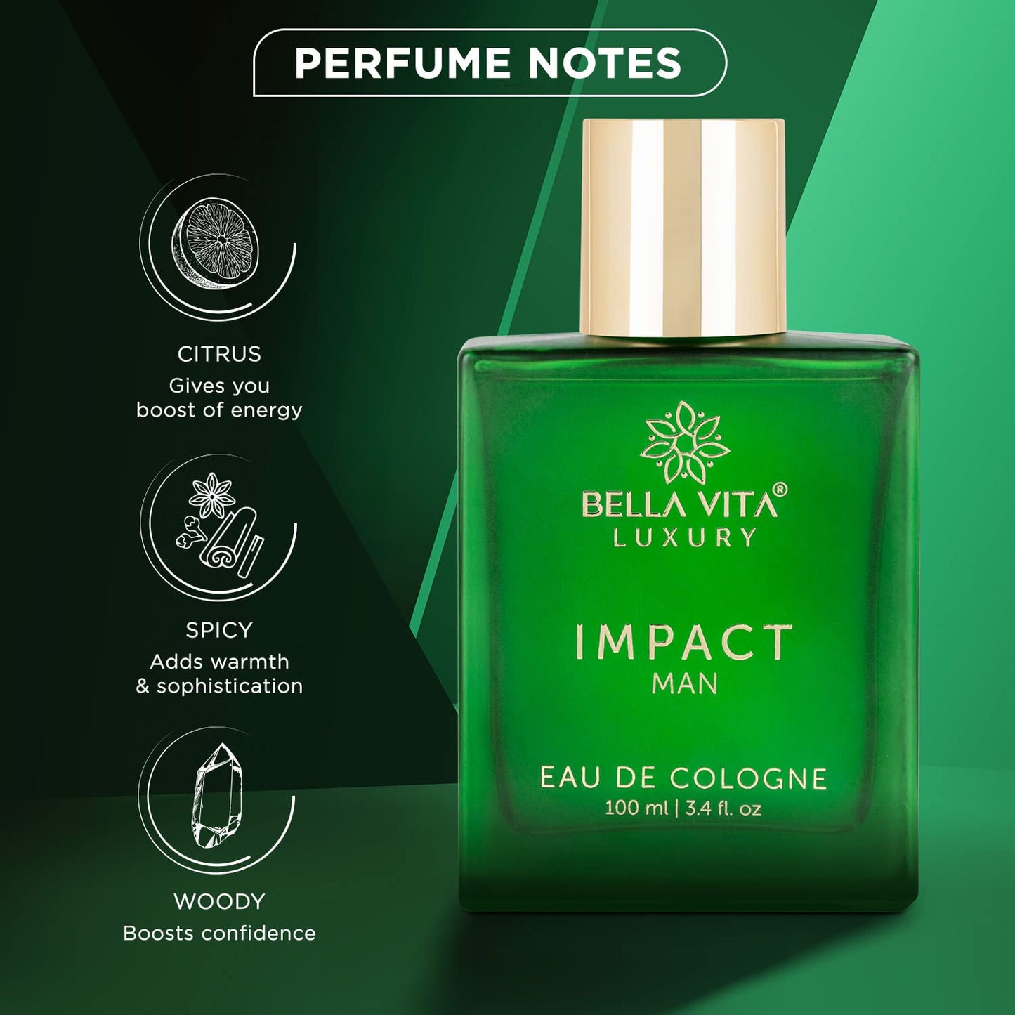 Bella Vita Luxury IMPACT MAN Eau De Cologne Perfume with Mandarin Orange, Patchouli, Cedar | Woody, Citrusy Long Lasting EDC Fragrance Scent for Men 100Ml perfume from Bella Vita Luxury