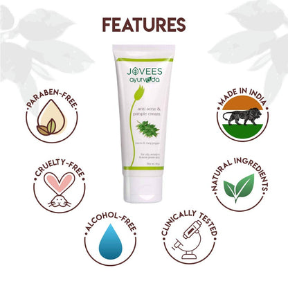 Jovees Ayurveda Neem & Long Pepper Anti Acne and Pimple Cream, 60 gms | Oily, Sensitive & Acne Prone Skin | Paraben & Alcohol Free | Helps Clear Acne & Prevents Future Breakout  from JOVEES