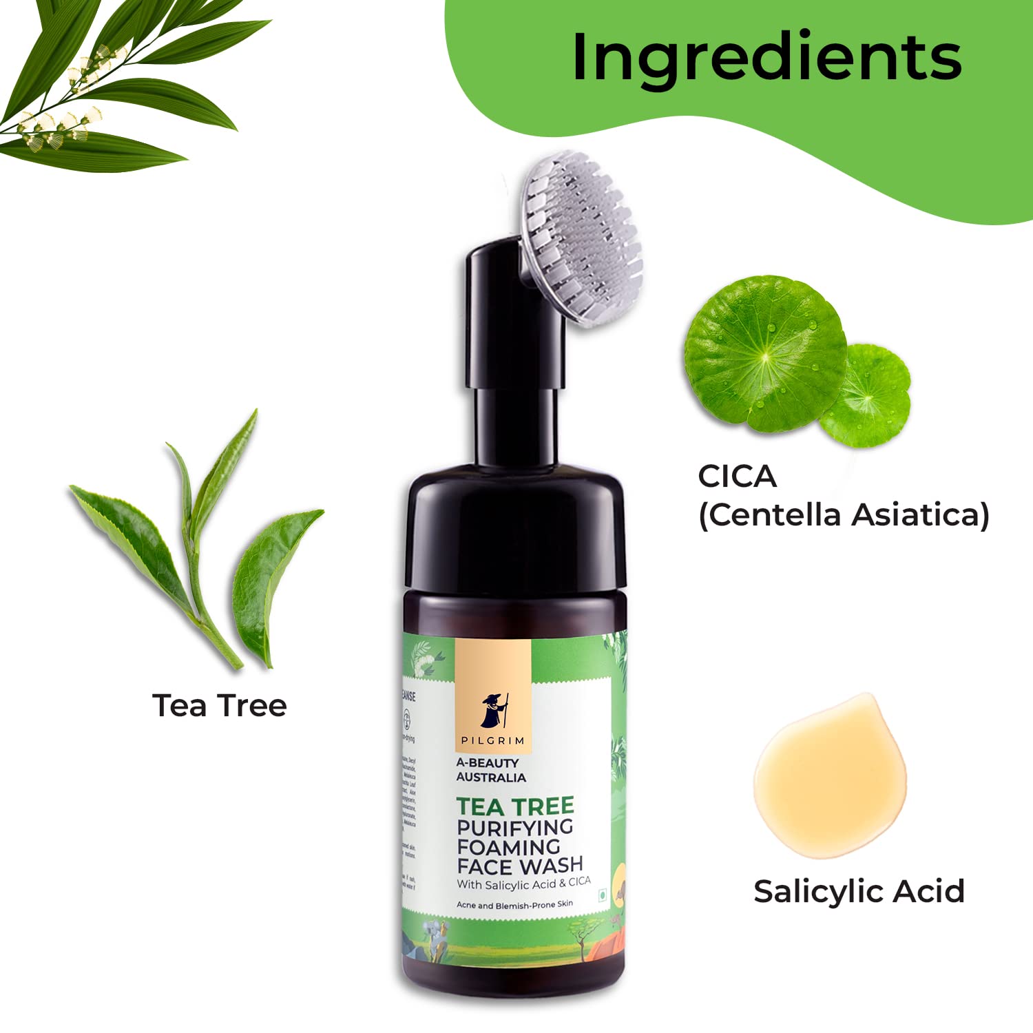 PILGRIM Australian Tea Tree & 1%Salicylic acid Foaming Face wash with brush|Tea Tree face wash with 1%salicylic acid & CICA for oily skin,acne and pimples|Oily skin cleanser for face|Women & Men|120ml face Wash from Pilgrim