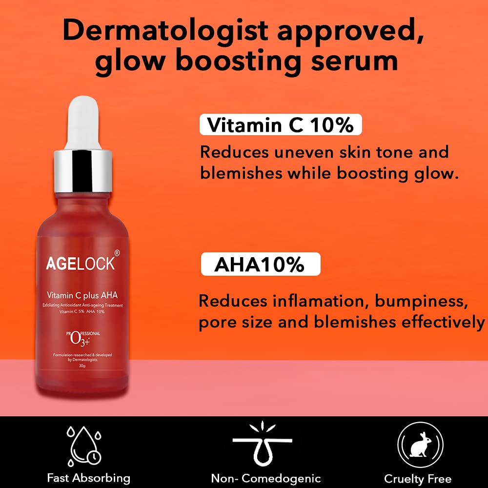 O3+ Agelock Vitamin C AHA Serum For Face Exfoliating, Antioxidant, Anti-Ageing, Blemish-Free & Youthful Skin, 30G  from O3+