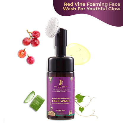 PILGRIM French Red Vine foaming face wash for glowing skin with Vitamin B5 & Aloe | Face wash with brush |Non drying cleanser for face|Face wash for dry skin|Face wash for women & men | facewash|120ml face Wash from Pilgrim