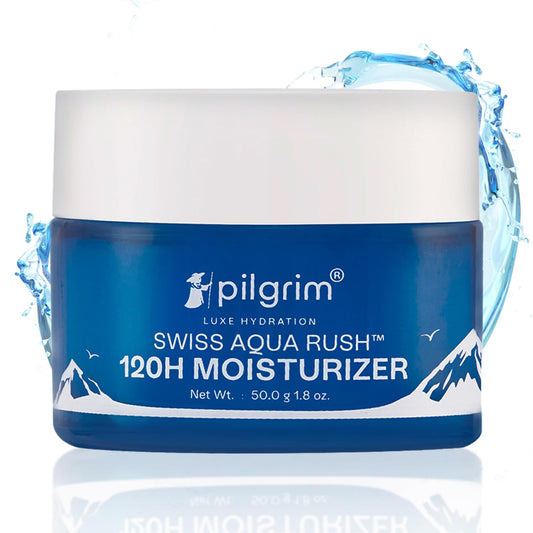 Pilgrim Swiss Aqua Rush™ 120H Moisturizer for face| Crafted with powerful hydrators-Swiss Aqua Rush™ & PatcH20®| Strengthens skin barriers| Plump & glowing skin| 120 Hrs of Increased hydration| 50gm Moisturizer from Pilgrim