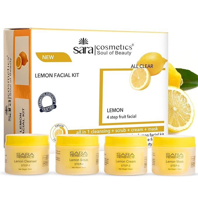 SARA Lemon 4-Step Fruit Facial kit All in 1 ( cleansing + Scrub + Cream + Mask ) Face pack 200gm | Suitable For All Skin Types cleanser from SARA BEAUTY