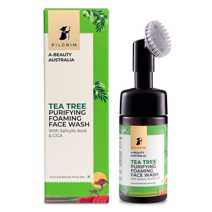 PILGRIM Australian Tea Tree & 1%Salicylic acid Foaming Face wash with brush|Tea Tree face wash with 1%salicylic acid & CICA for oily skin,acne and pimples|Oily skin cleanser for face|Women & Men|120ml face Wash from Pilgrim