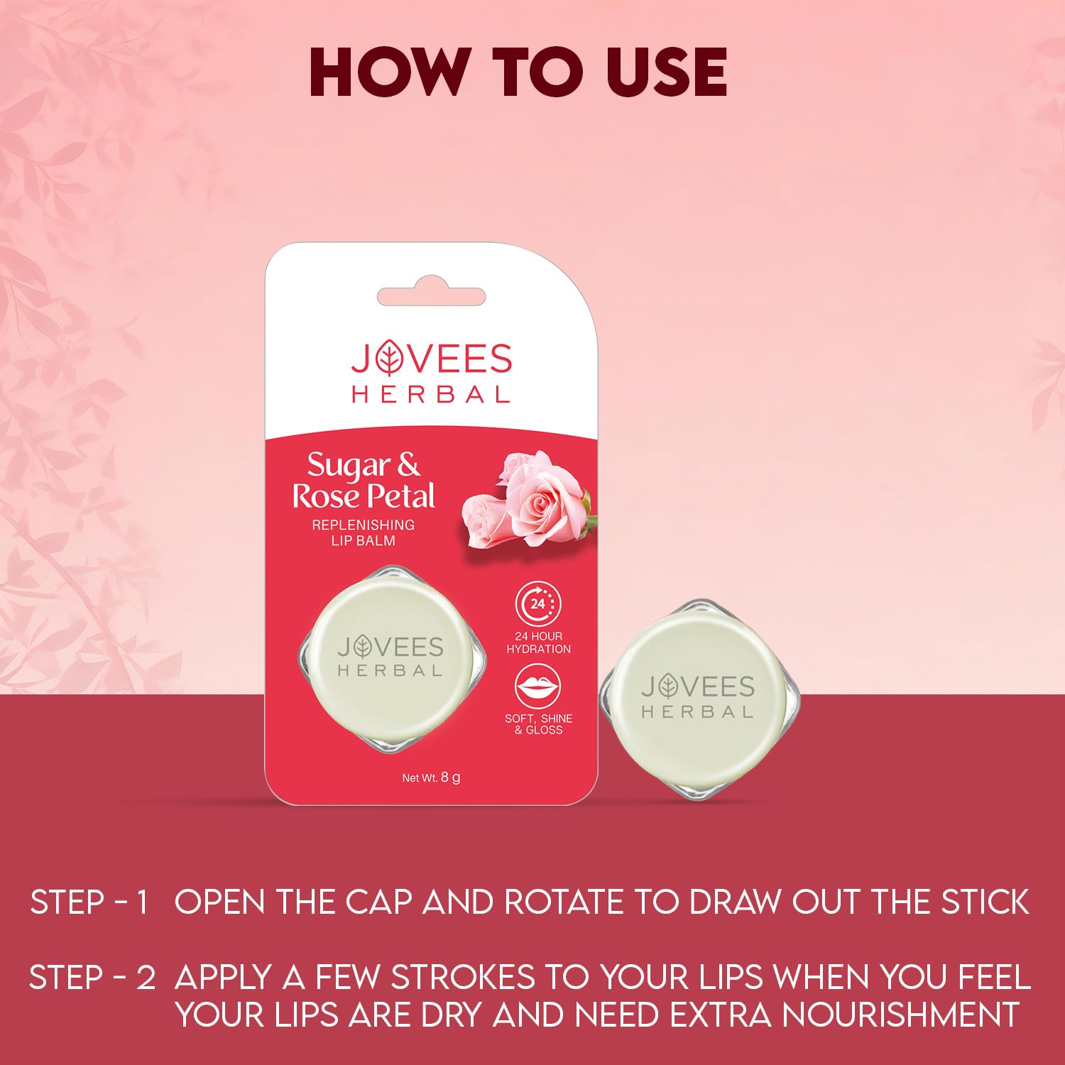 Jovees Herbal Sugar & Rose Petal Replenishing Lip Balm | 24 Hour Hydration | Rejuvenates Dry and Chapped Lips | Gives Soft, Shiny and Glossy Lips 8g  from JOVEES