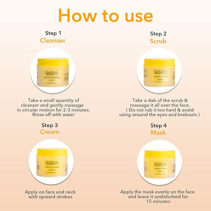 SARA Lemon 4-Step Fruit Facial kit All in 1 ( cleansing + Scrub + Cream + Mask ) Face pack 200gm | Suitable For All Skin Types cleanser from SARA BEAUTY