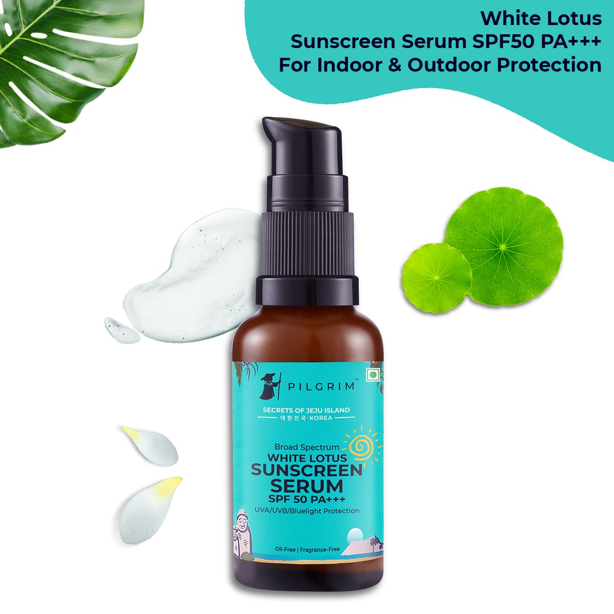 Pilgrim White lotus SUNSCREEN SERUM SPF 30 PA+++ for women & men with Hyaluronic acid & CICA | Oil & silicon free, Broad spectrum, Non-greasy, No white cast | Korean skin care | All skin types | 30 ml Suncreen serum from Pilgrim