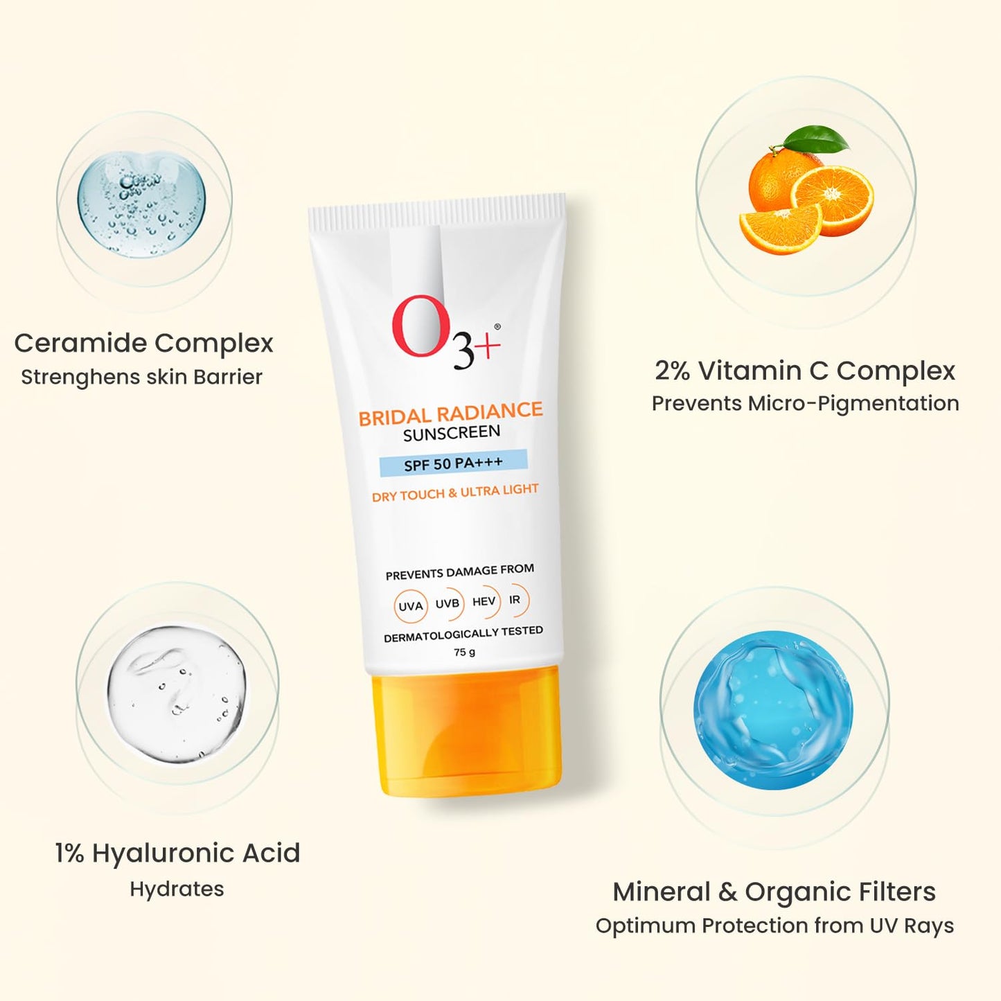 O3+ Bridal Radiance Sunscreen SPF 50 PA +++ Dry Touch & Ultra Light Non-greasy and leaves no white cast Prevents Damage From UVA | UVB | HEV | IR | Dermatologist Tested | 75g sunscreen from O3+