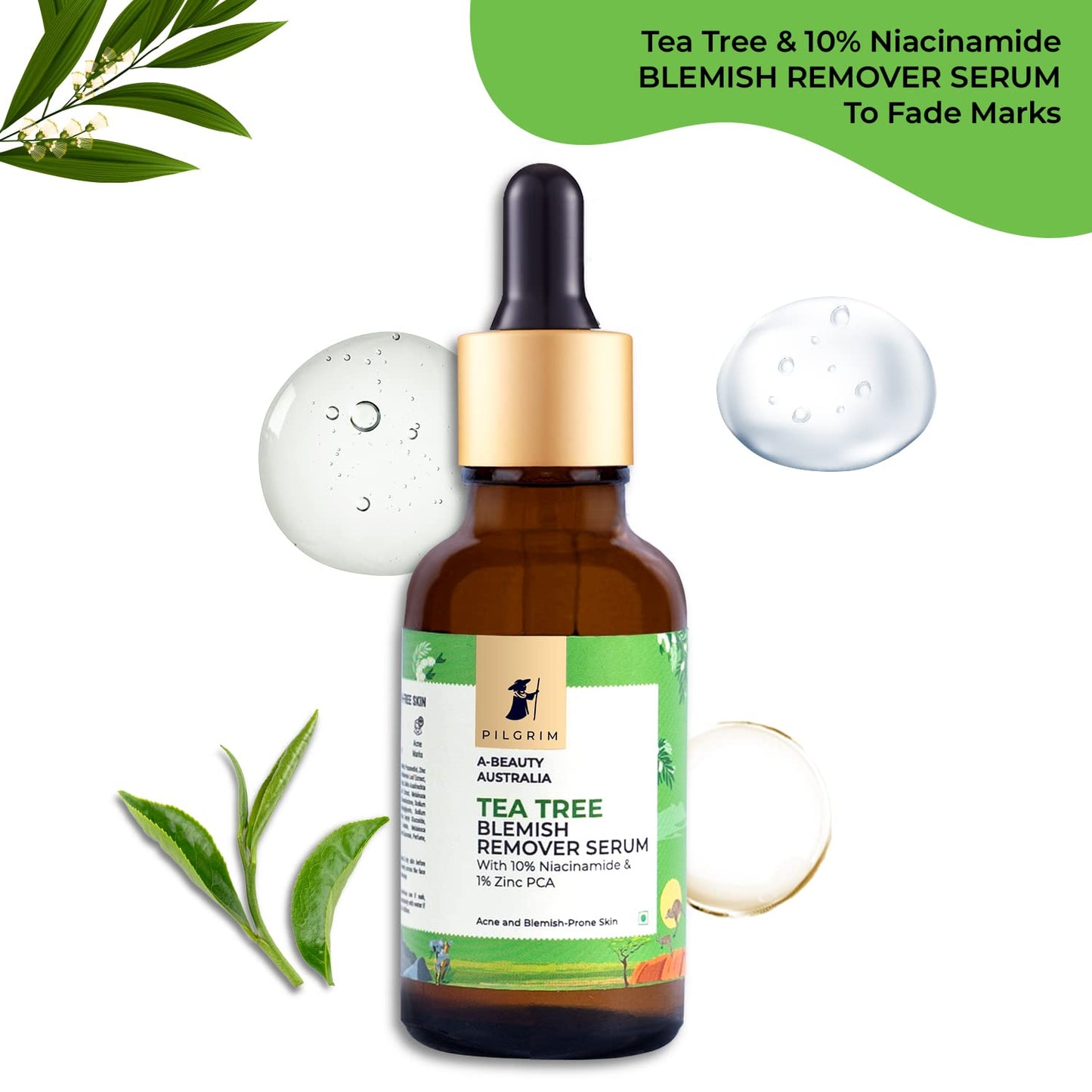 Pilgrim Tea Tree & 10% Niacinamide blemish-remover serum with Zinc PCA for acne prone skin | Niacinamide serum for acne| Acne scar reducing 10% Niacinamide serum for face | Women & Men | 30 ml Face serum from pilgrim