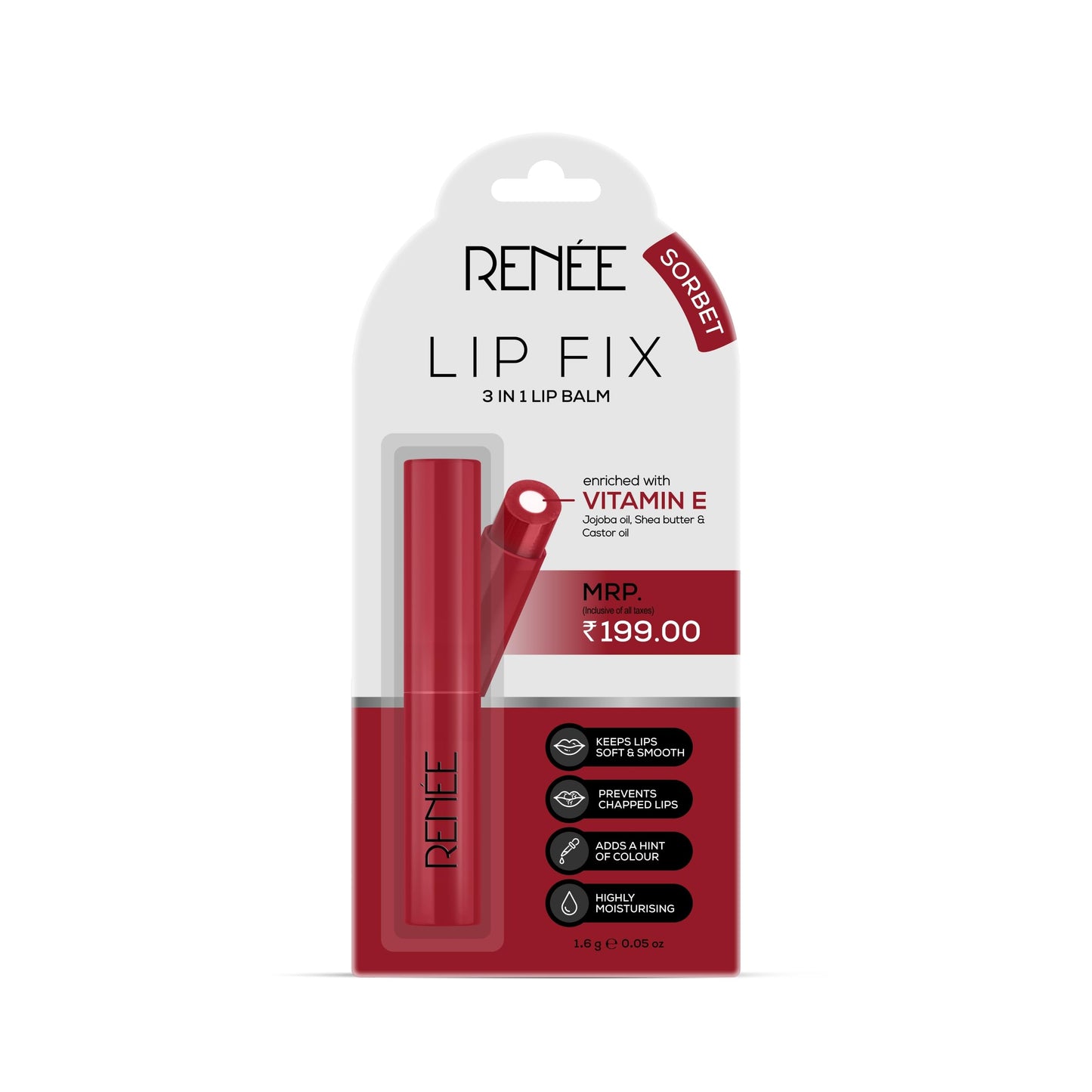 RENEE Lip Fix 3 in 1 Tinted Lip Balm 01 Sorbet 1.6 Gm, Heals, Lightens & Nourishes | Dual Core Care Enriched with Vitamin E, Shea Butter & Jojoba Oil for Dry & Chapped Dry Lips  from RENEE