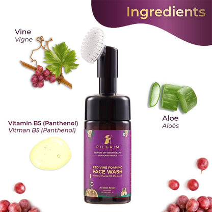 PILGRIM French Red Vine foaming face wash for glowing skin with Vitamin B5 & Aloe | Face wash with brush |Non drying cleanser for face|Face wash for dry skin|Face wash for women & men | facewash|120ml face Wash from Pilgrim