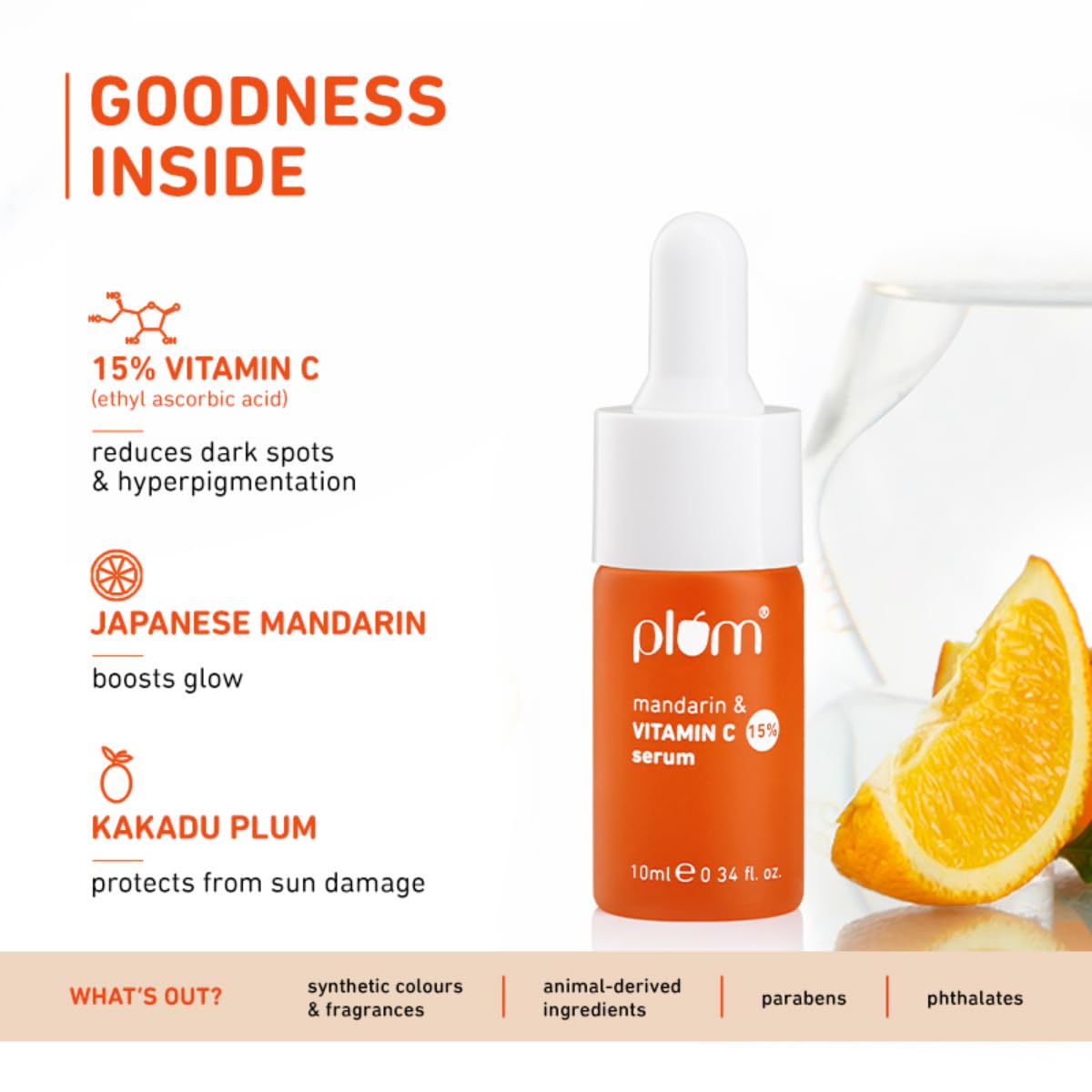 Plum 15% Vitamin C Face Serum For Glowing Skin | Reduces Dark Spots | For Dull Skin | With Mandarin | Beginner Friendly, For All Skin Types | 100% Vegan | 10 ml  from Plum