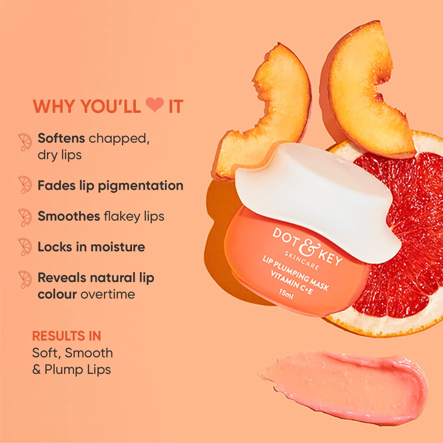 Dot & Key Lip Plumping Mask With Vitamin C + E For Naturally Glowing Lips, Fades Lip Pigmentation, Smoothes Flaky & Dry Lips, Lip Mask For Soft, Smooth & Plump Lips 15ml lip mask from dot & key