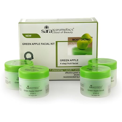 Sara Green Apple 4-Step Fruit Facial Kit For Brightening And Nourishing Skin | All in 1 ( Cleansing + Scrub + Cream + Mask ) | Suitable For All Skin Type ,(4 x 50 ) gm cleanser from SARA BEAUTY