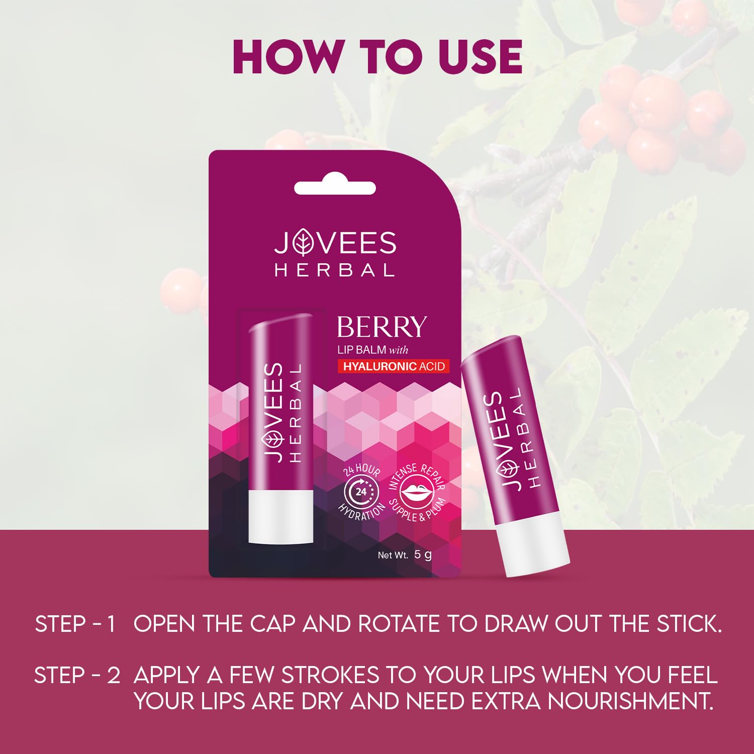 Jovees Herbal Berry Lip Balm with Hyaluronic Acid | 24 Hour Hydration | Rejuvenates Dry and Chapped Lips | Gives Soft & Supple Lips 5g  from JOVEES