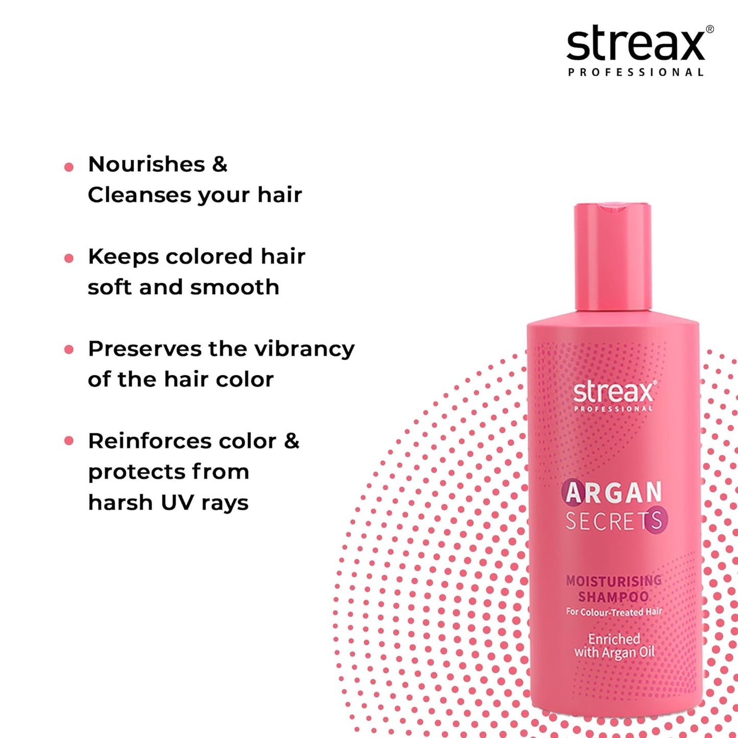 Streax Professional Argan Secrets MOISTURISING Shampoo for Women | Enriched with Argan Oil & UV Filter | Enhances Colour Retention | Cleanses & Nourishes Hair 300ml  from Streax Professional