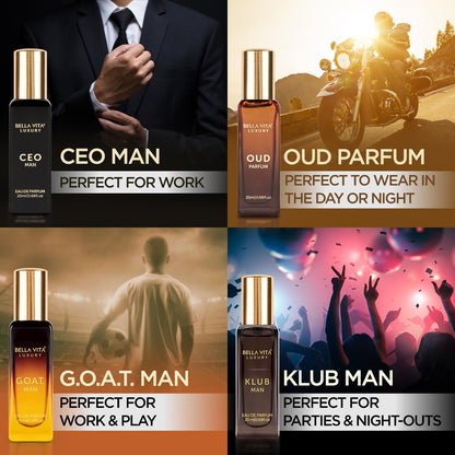 Bella Vita Luxury Man Perfume Gift Set 4 x 20 ml for Men with KLUB, OUD, CEO, G.O.A.T Perfume | Woody, Citrusy Long Lasting EDP Fragrance Scent perfume from Bella Vita Luxury