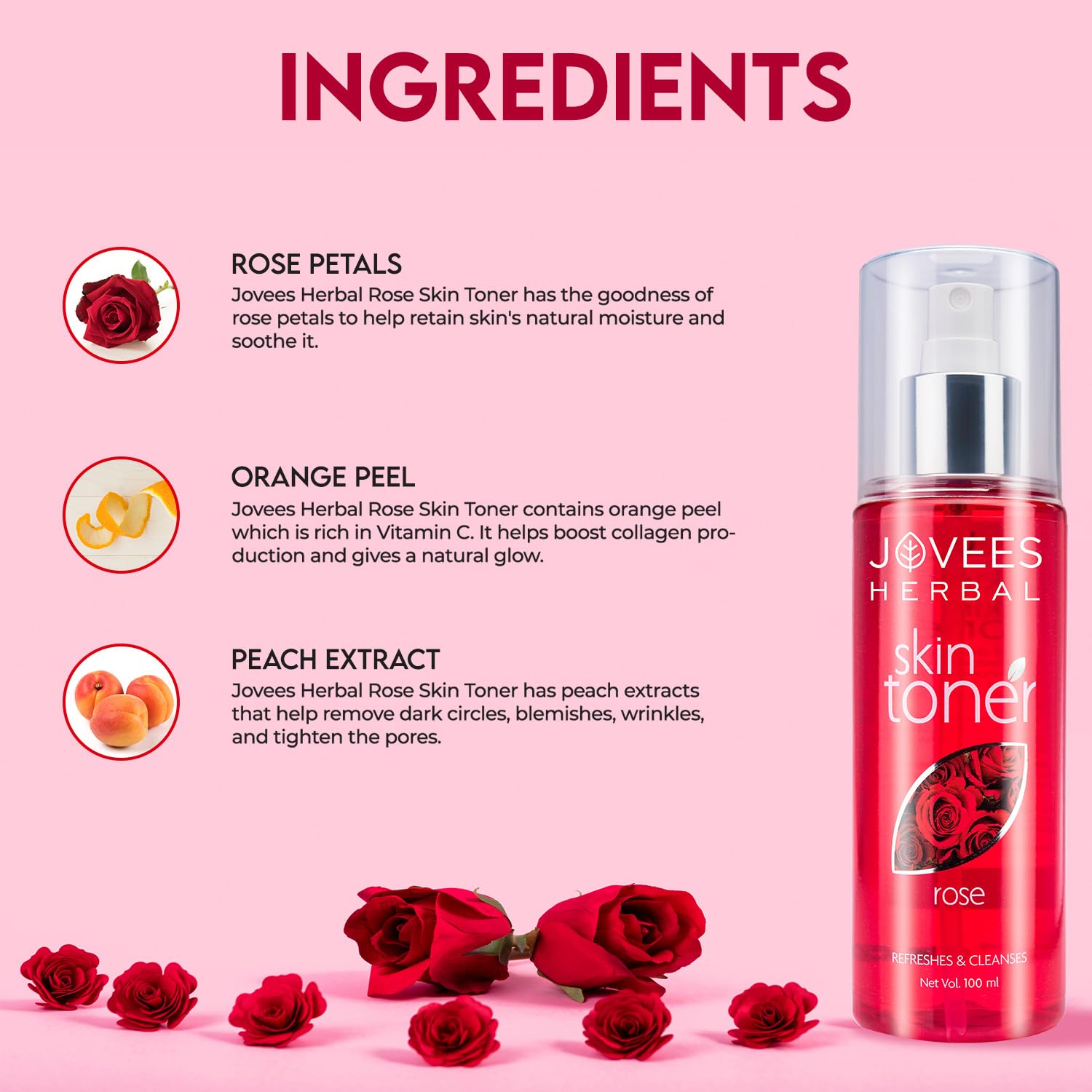 Jovees Herbal Rose Skin Toner| For Youthful Skin, Tightens Pores, Healthy Glow | 100% Natural | For Normal to Dry Skin | Paraben and Alcohol Free | 200ML  from JOVEES