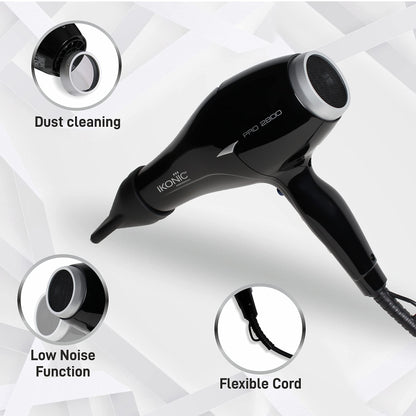 Ikonic Pro 2800+ Hair Dryer, Black | Professional | Brushless DC Motor | Low Noise Function| Lightweight Design| Interchangeable Nozzle| Diffuser Attachment| Versatile Heat and Speed Setting| 2600 W  from IKONIC