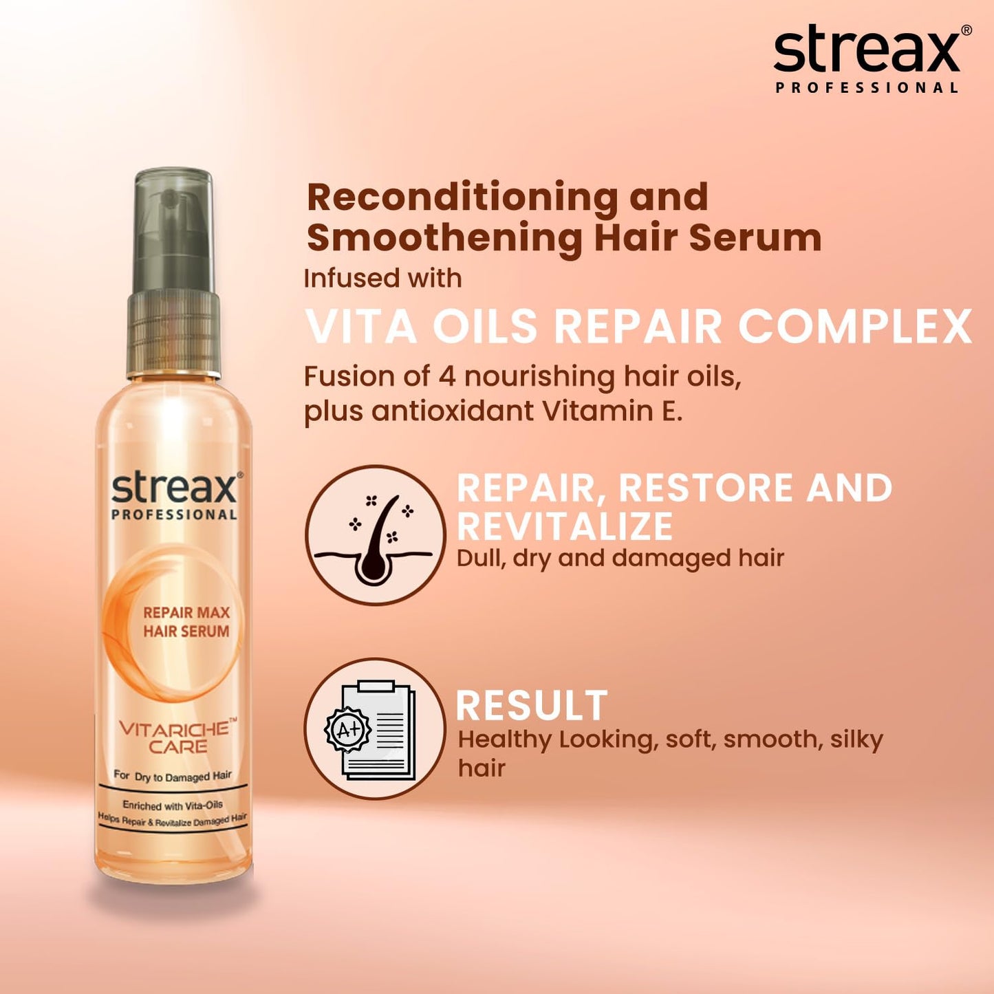 Streax Professional Vitariche Care Repair Max Hair Serum For Men & Women | Helps Repair & Rejuvenate Dry & Damaged Hair | Provides Softer, Nourished & Healthier Hair | For Dry To Damaged Hair, 100 ml  from Streax Professional