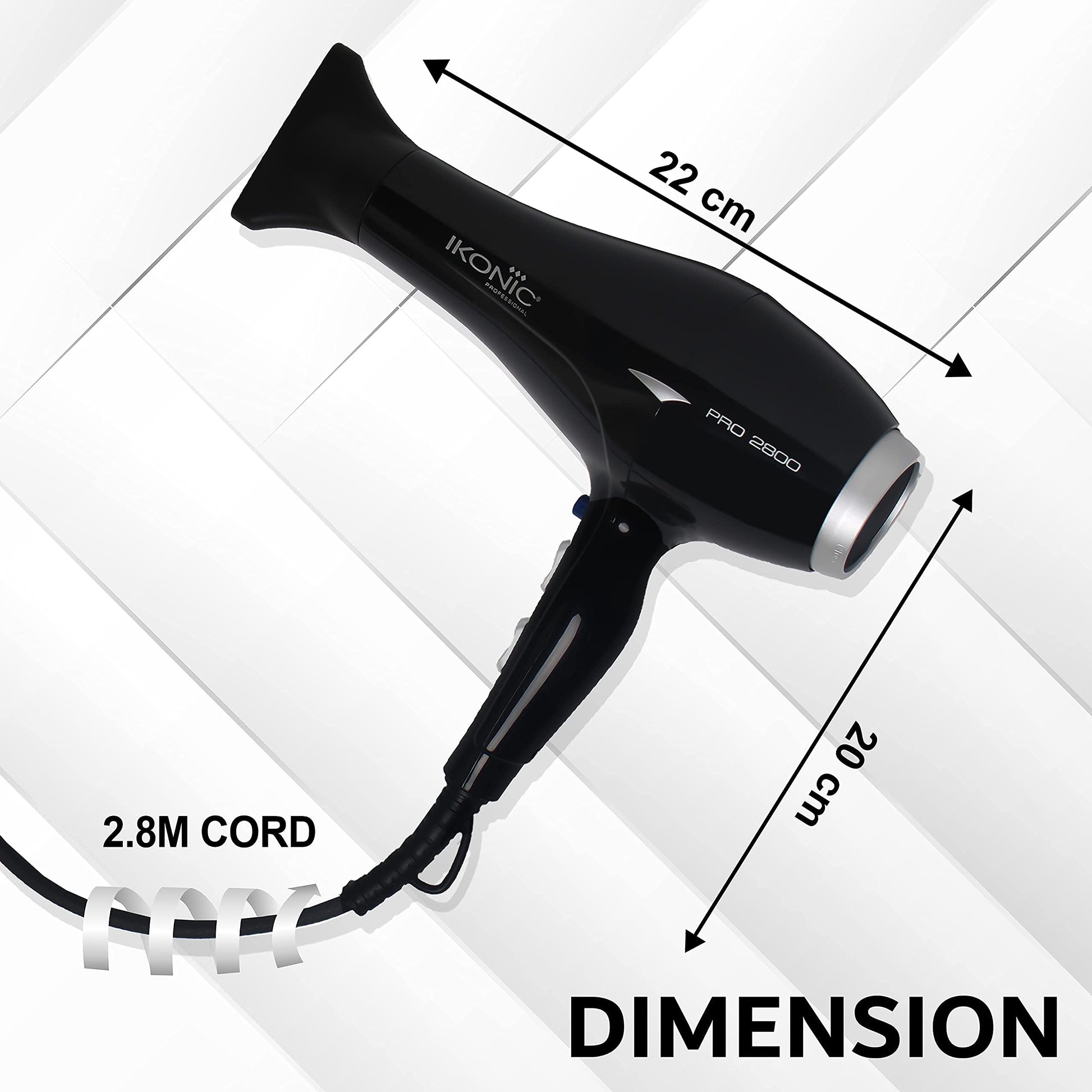 Ikonic Pro 2800+ Hair Dryer, Black | Professional | Brushless DC Motor | Low Noise Function| Lightweight Design| Interchangeable Nozzle| Diffuser Attachment| Versatile Heat and Speed Setting| 2600 W  from IKONIC